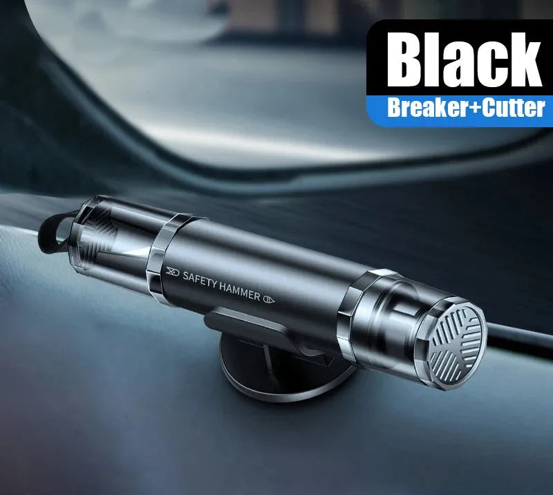Black and red aluminium alloy car emergency hammer with tungsten steel tip and seat belt cutter on its mounting base.