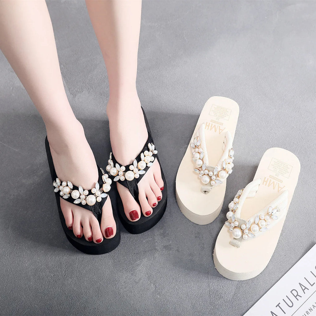 Women's high-heeled flip-flops in beige and black with a cotton cloth upper, shown in various sizes.