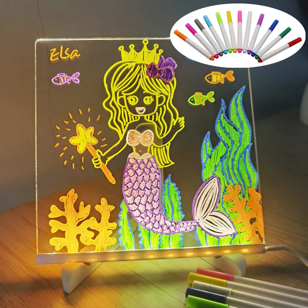 Acrylic DIY message board LED night light with pens on transparent writing panel