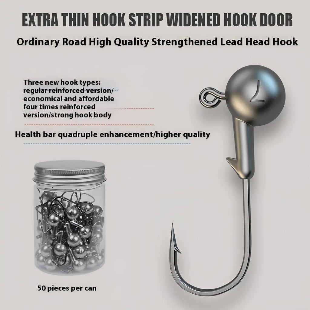 Set of 50 steel jig hooks with lead heads for fishing in primary colour options