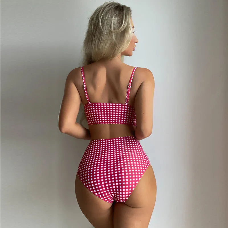 High-waist plaid bikini swimsuit set for women in rose red, shown with separate top and briefs.