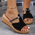 Women's summer peep-toe wedge sandals with thick sole, PU upper, available in Black White Champagne sizes 36-43