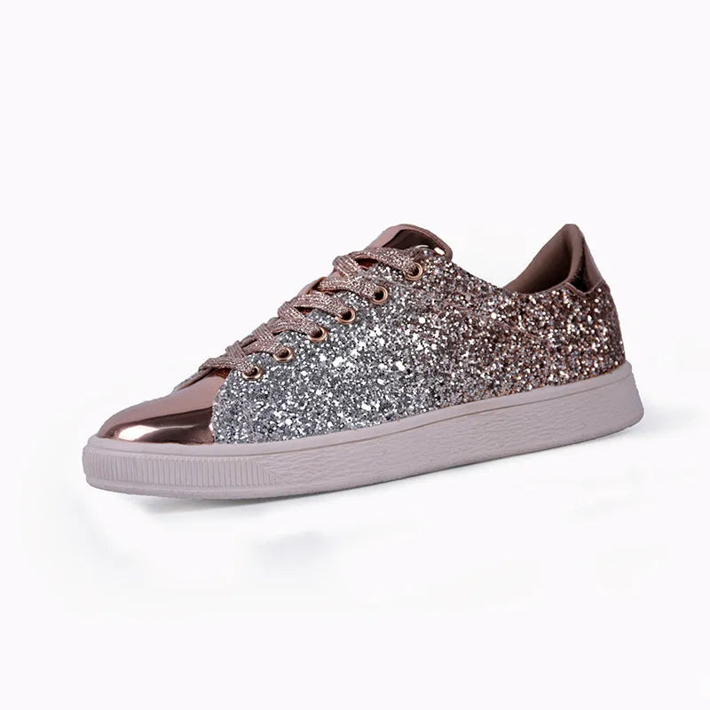 Women's black pink gold sequin casual shoes with round toe and lace-up closure