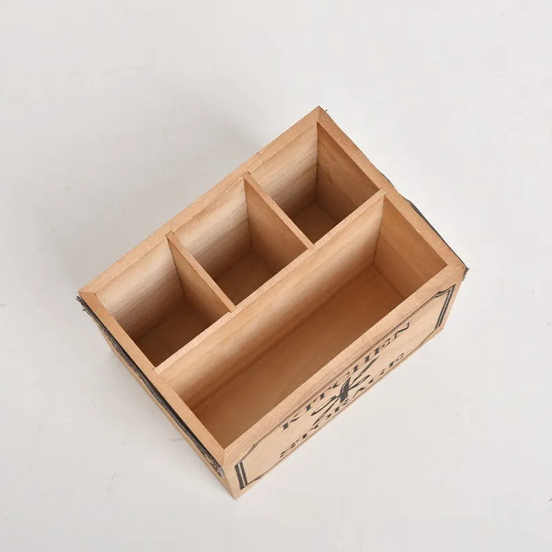 Wooden kitchen storage box with divider grid for knives forks chopsticks