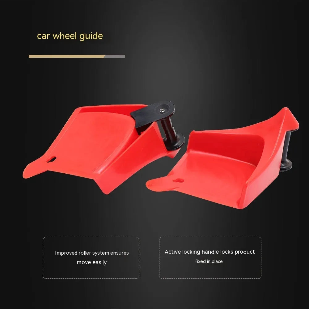 Set of four red triangular plastic car parking blocks or wheel stops on a grey background.