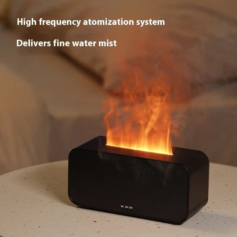 White USB aroma diffuser humidifier with simulated flame and jellyfish smoke ring effects on a table