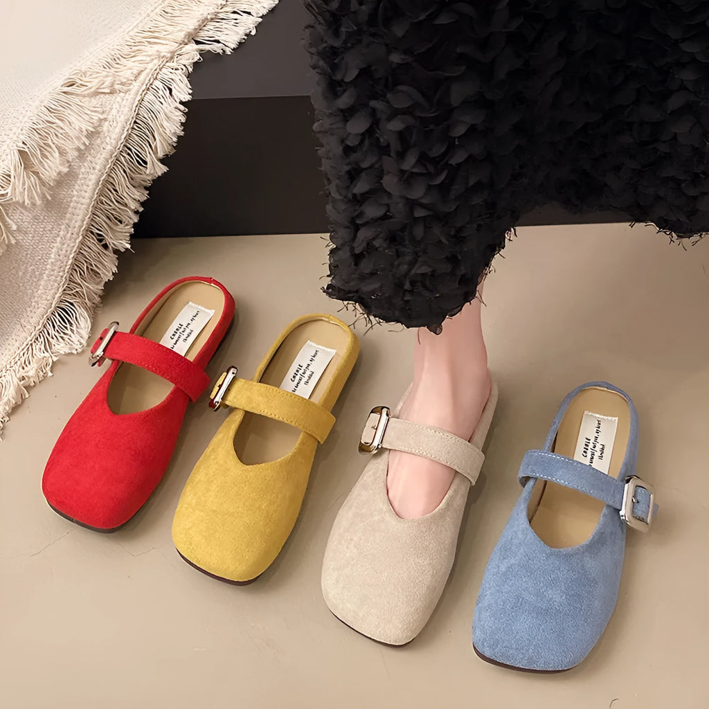 Women's flat half slipper in apricot colour with square toe and rubber sole.