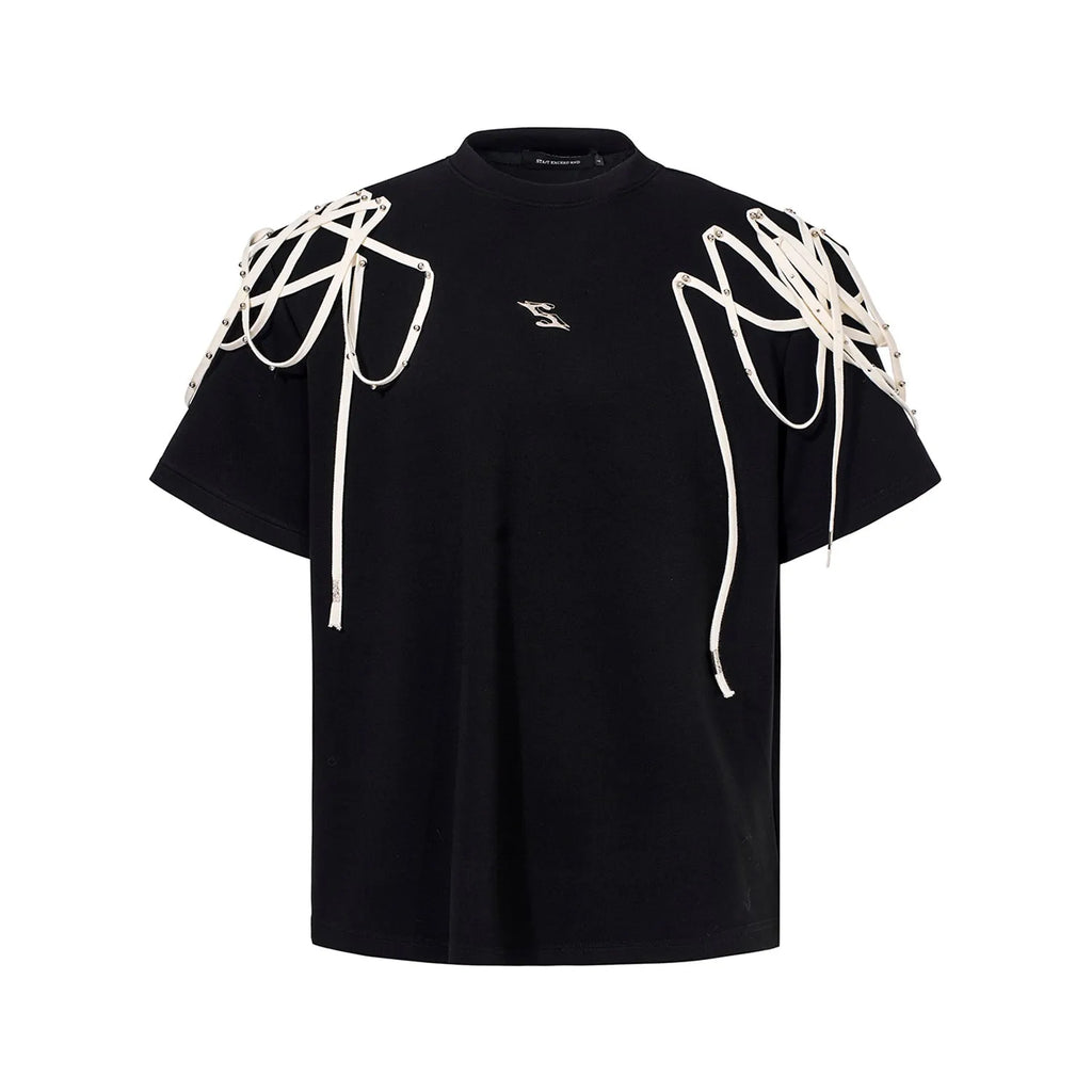 Black loose fit short-sleeve T-shirt with padded shoulders and decorative rivet ribbon detail on a hanger.