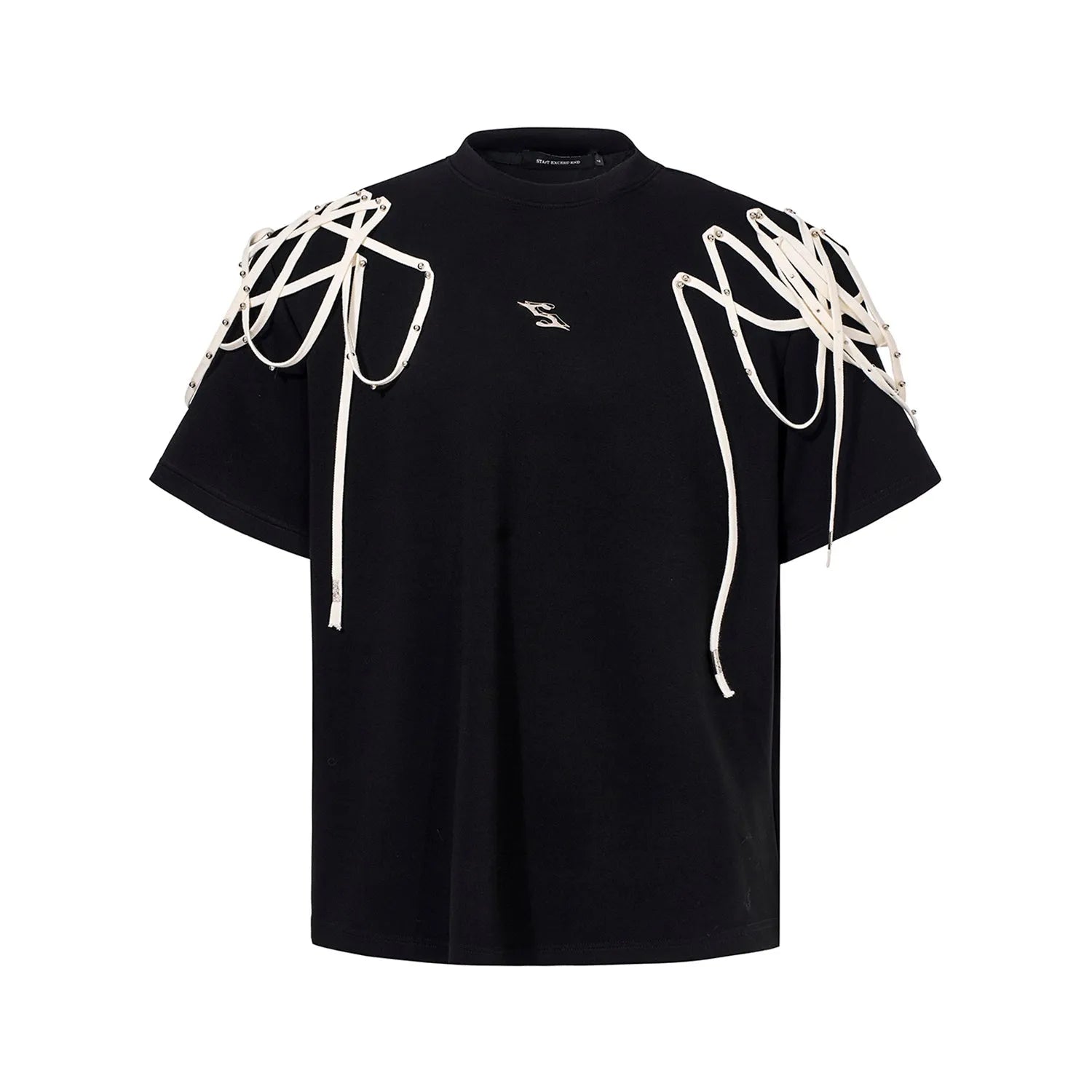 Black loose fit short-sleeve T-shirt with padded shoulders and decorative rivet ribbon detail on a hanger.