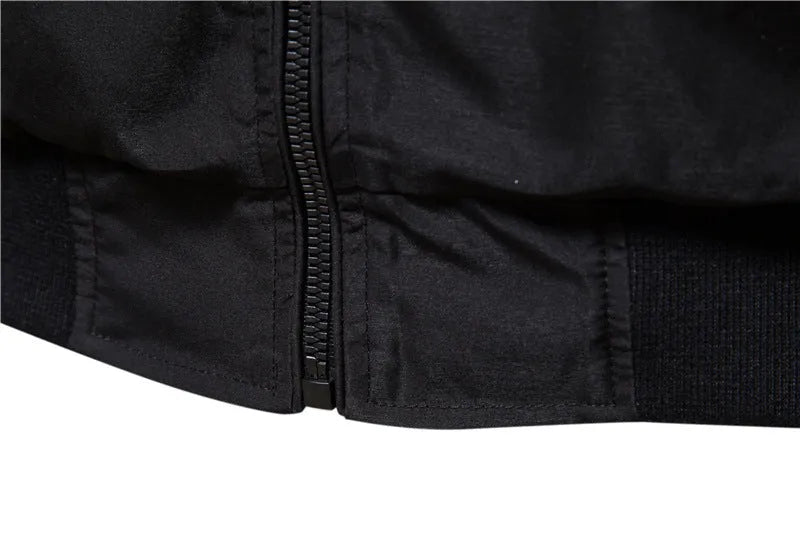 Men's thin solid colour casual jacket in polyester, shown in dark blue, black, and army green.