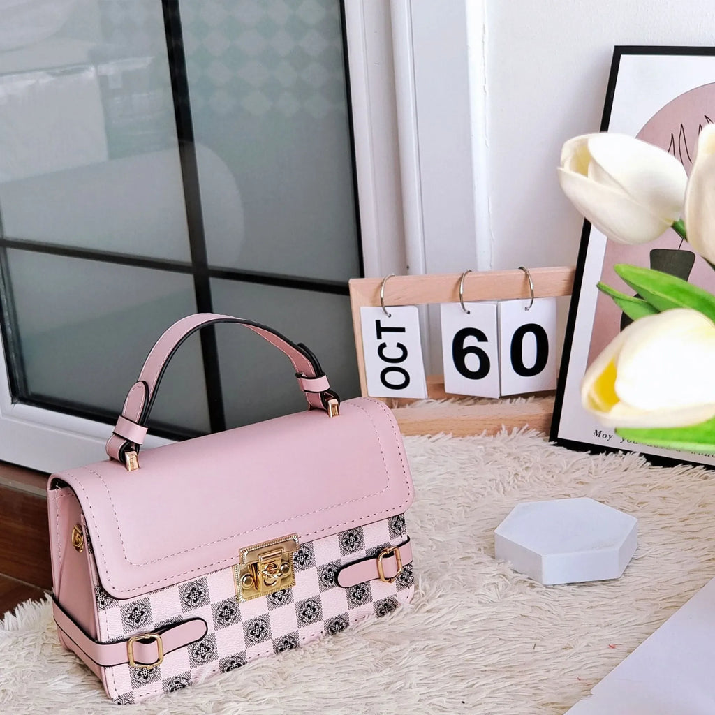 Small square retro crossbody bag in apricot PU leather with stitching and plaid patterns