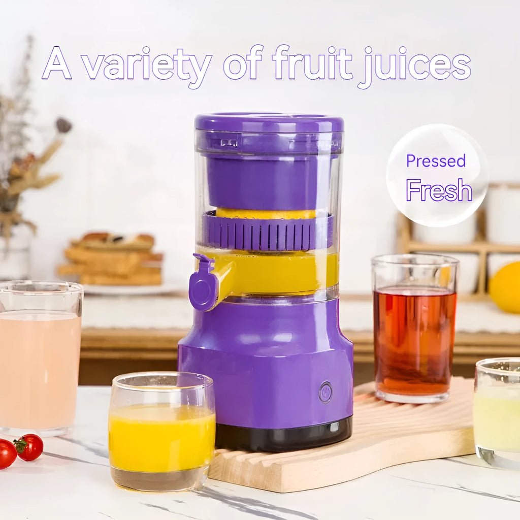 Purple USB rechargeable electric citrus juicer with detachable cone and pulp filter.