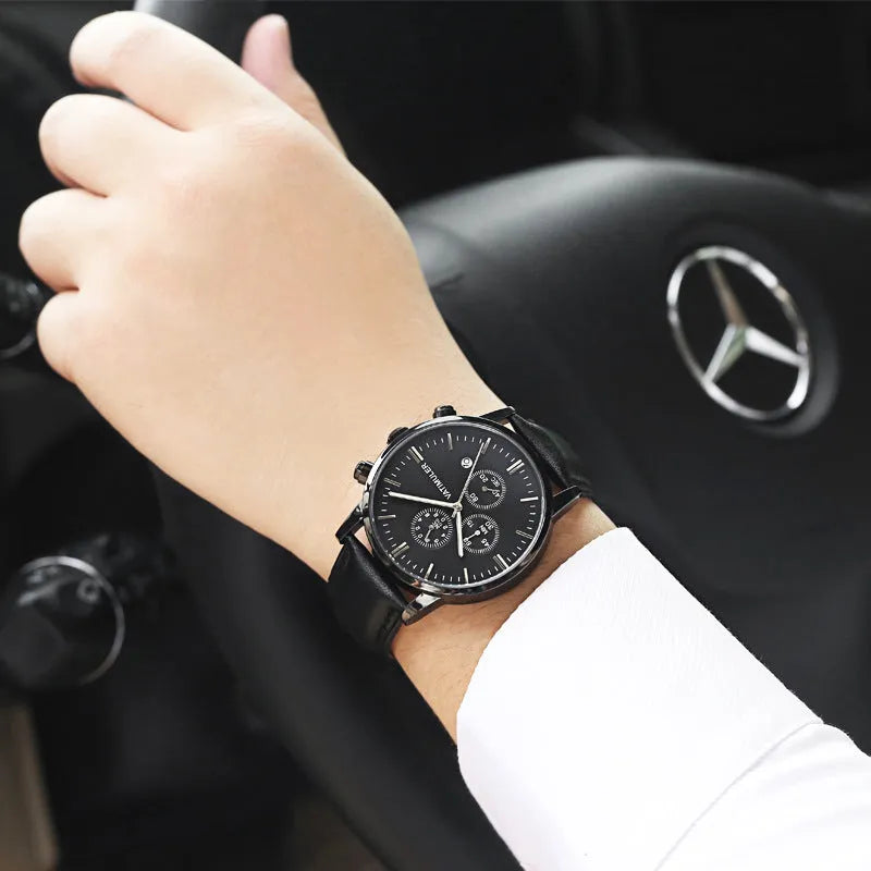 Men's business quartz watch with genuine leather strap, stainless steel case, slim 8mm profile, and 10mm dial in all black colour