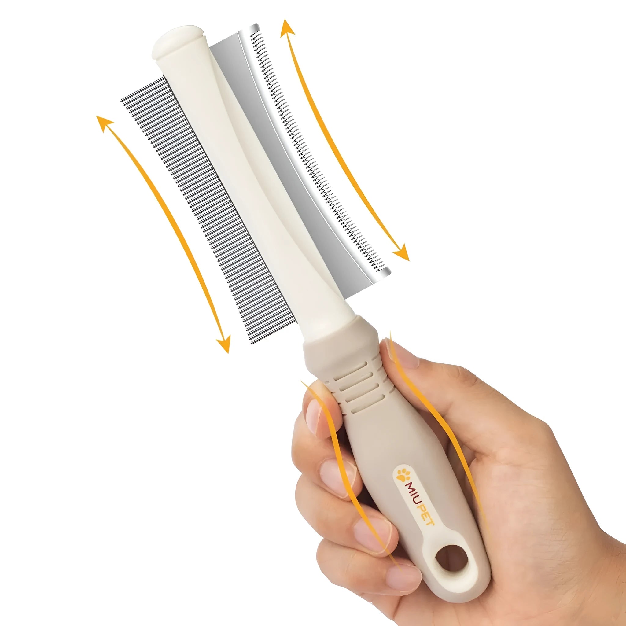 White double-sided pet grooming brush showing comb and deshedding sides, measuring 230mm
