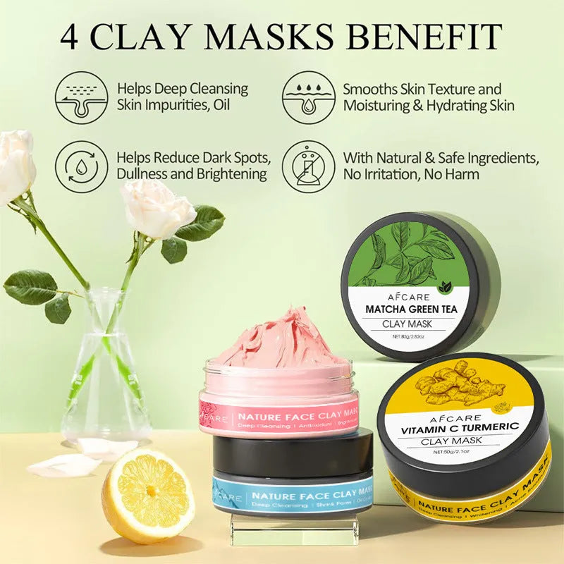 Set of four Dead Sea mud, green tea, turmeric, and rose clay facial mask packets, 80ml each.