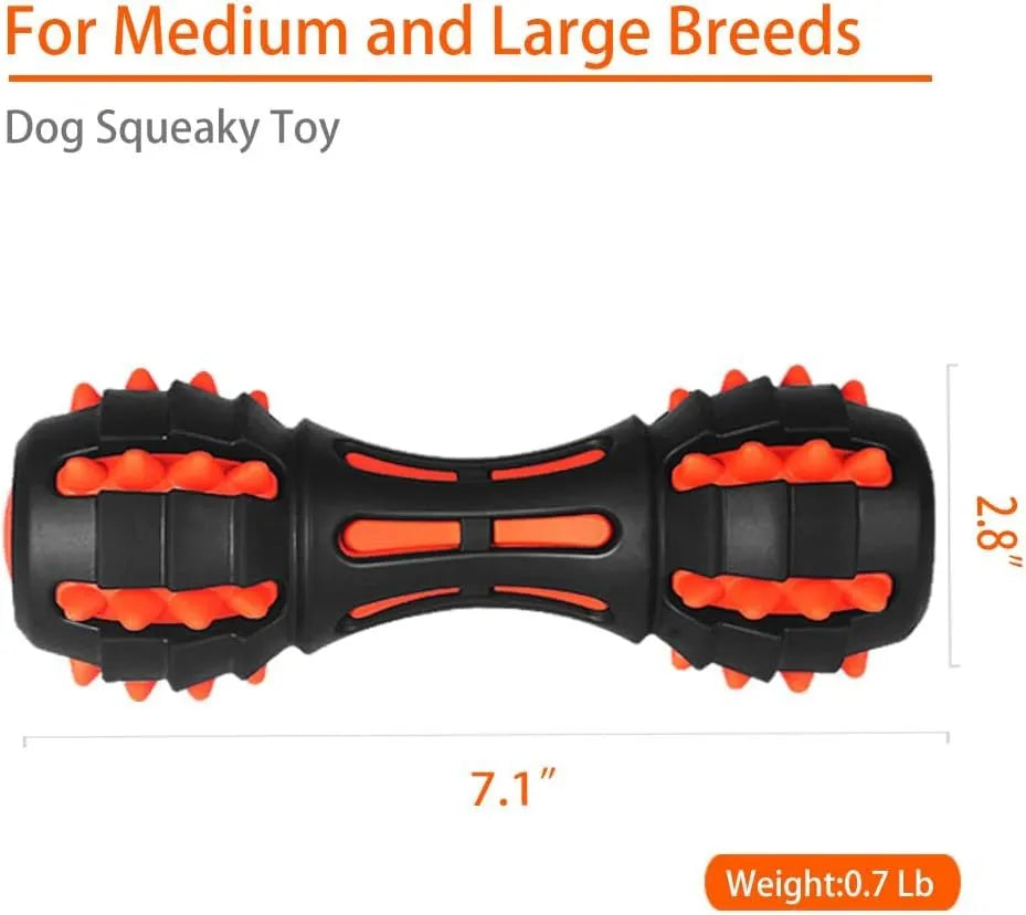 Red dumbbell-shaped durable rubber dog toy with squeaker for large breed aggressive chewers