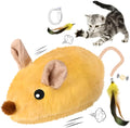 Grey and yellow automatic cat mouse toy with feather tail and LED lights