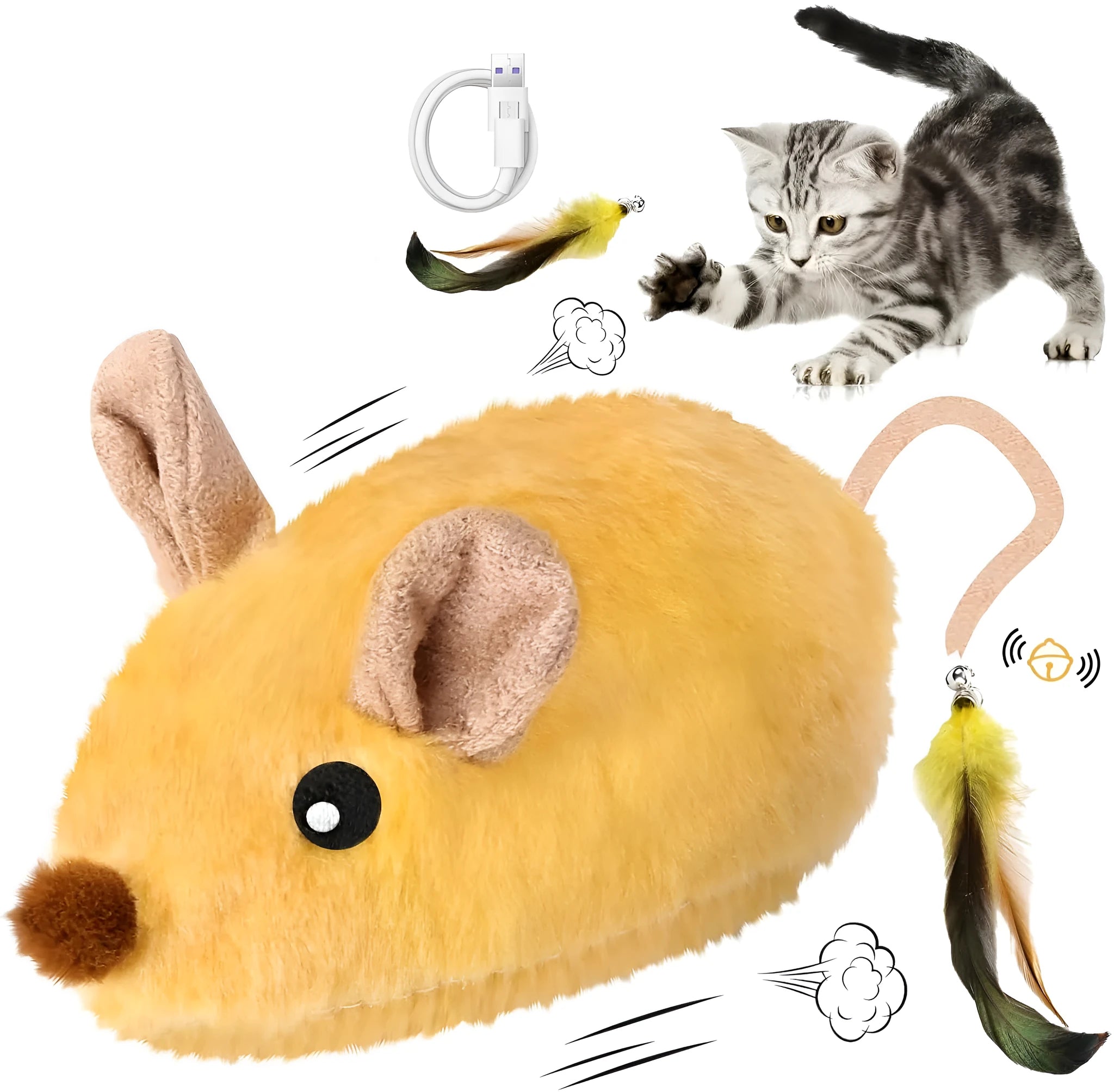 Grey and yellow automatic cat mouse toy with feather tail and LED lights