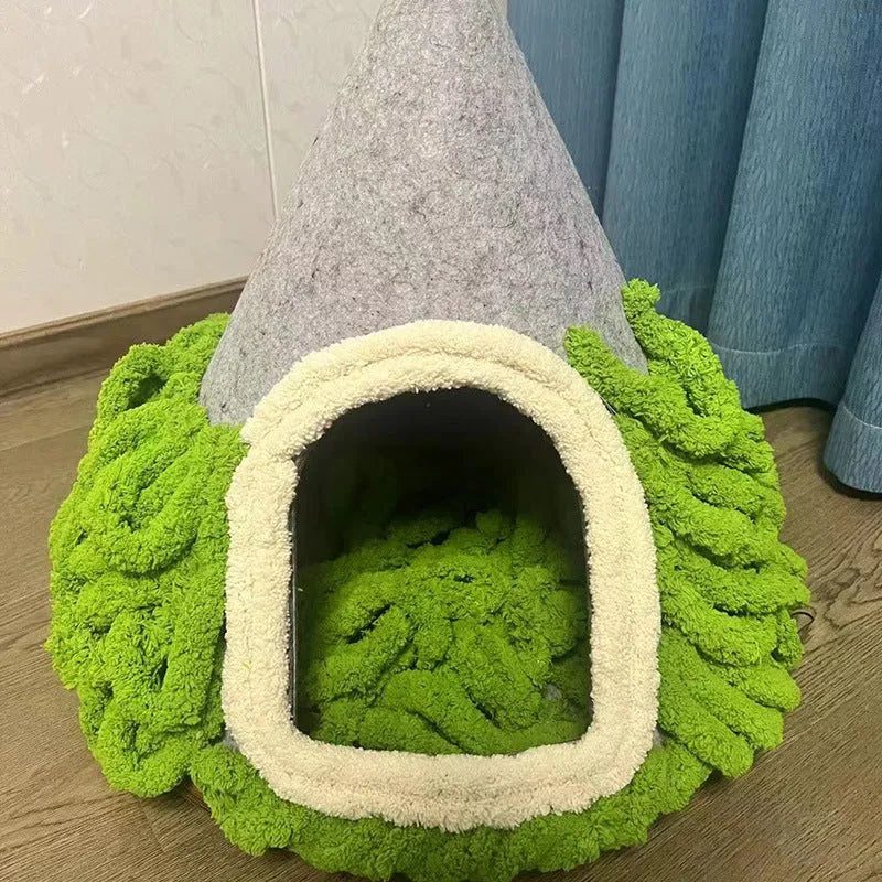 Grey conical felt cat house tent with circular base for indoor use