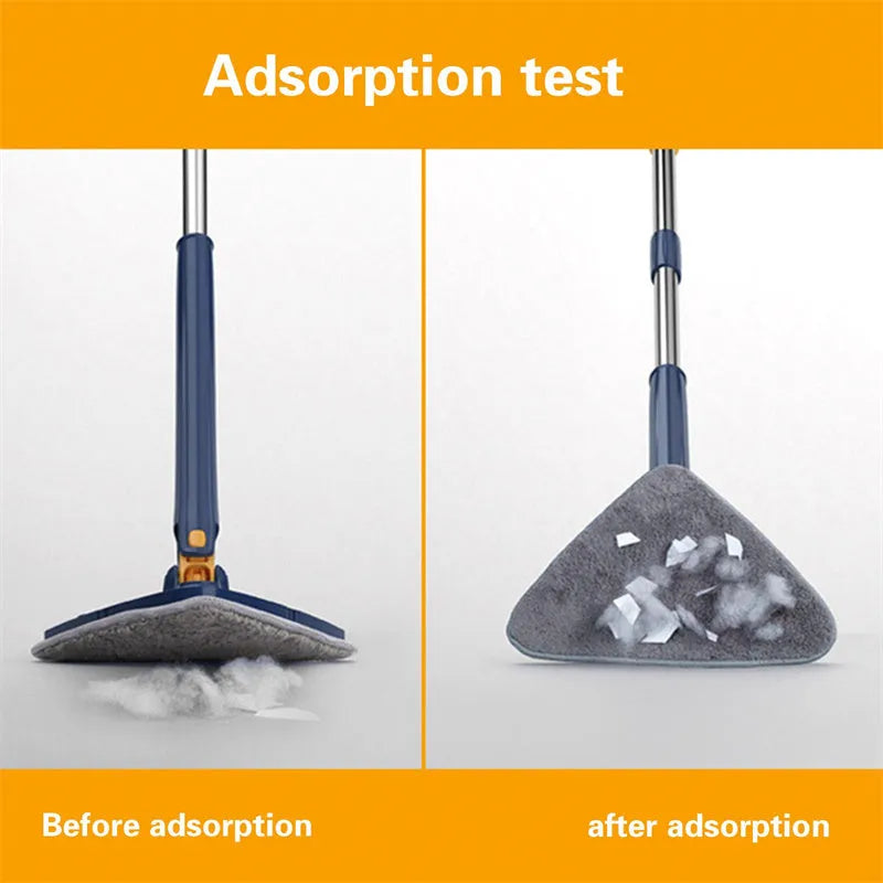 Blue triangular cleaning mop with a 360-degree rotating head and extended stainless steel pole on a tile floor.
