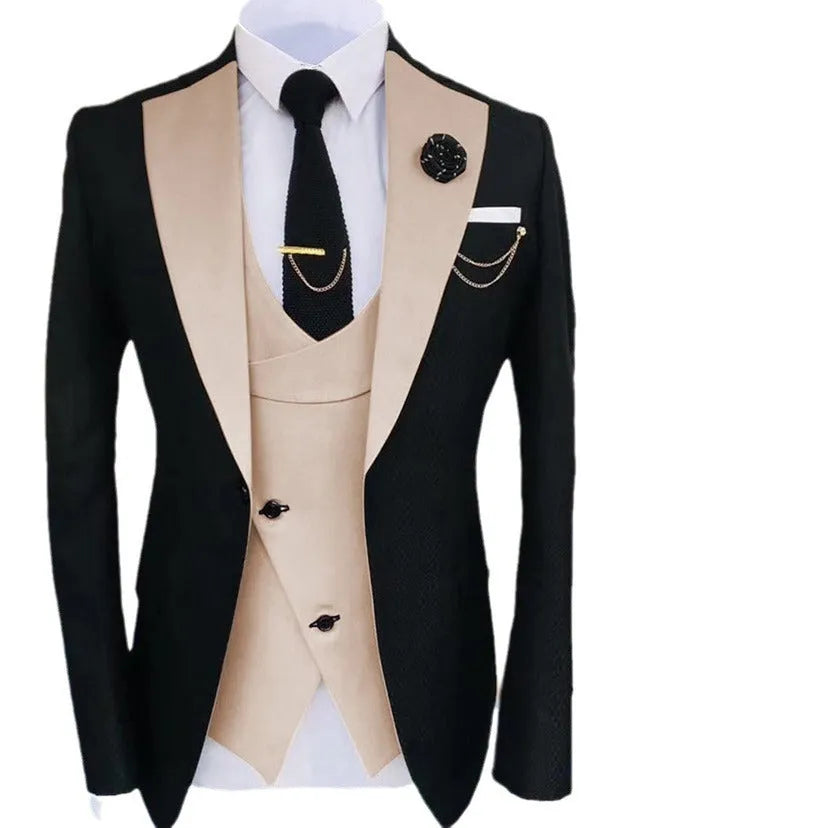 Men's slim fit cotton business suit set in black and wine red, featuring a coat, waistcoat, and trousers.