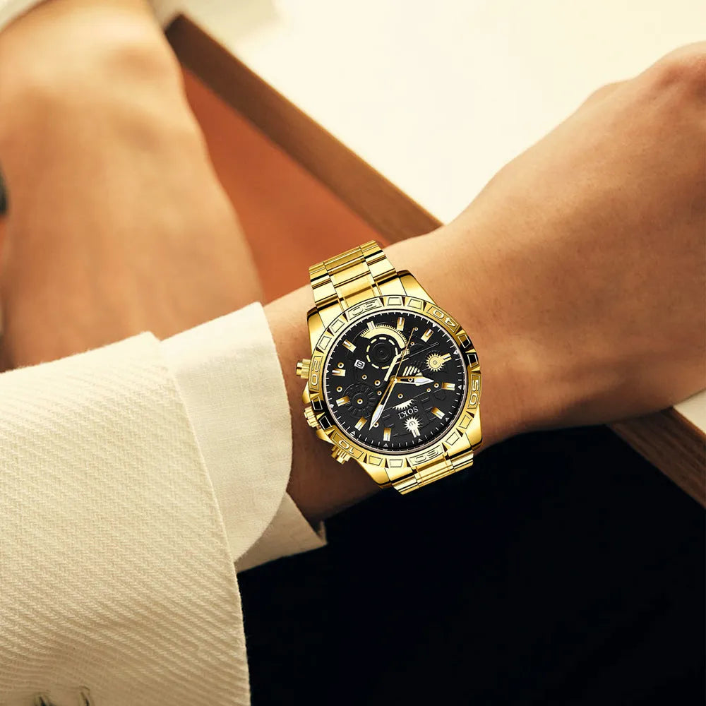 Gold men's stainless steel business wristwatch with calendar display on a metal strap.
