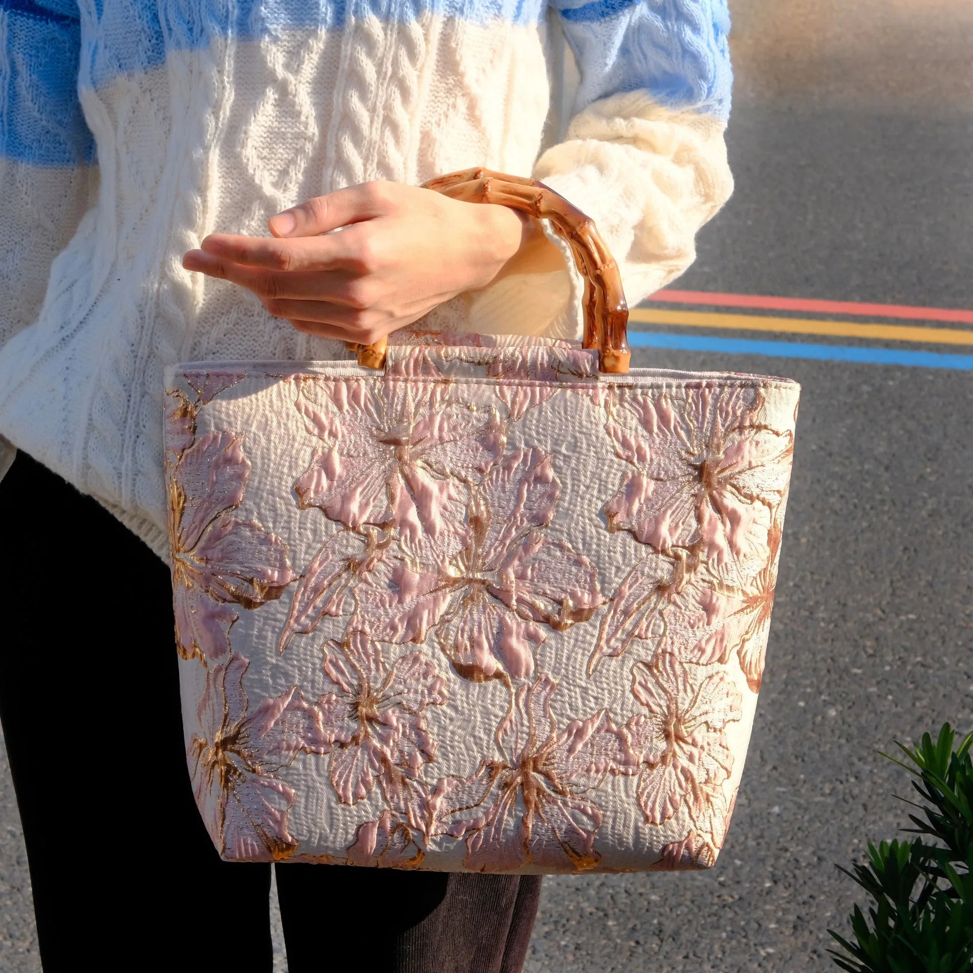 Women's light blue canvas bag with bronzing flower detailing and double shoulder straps