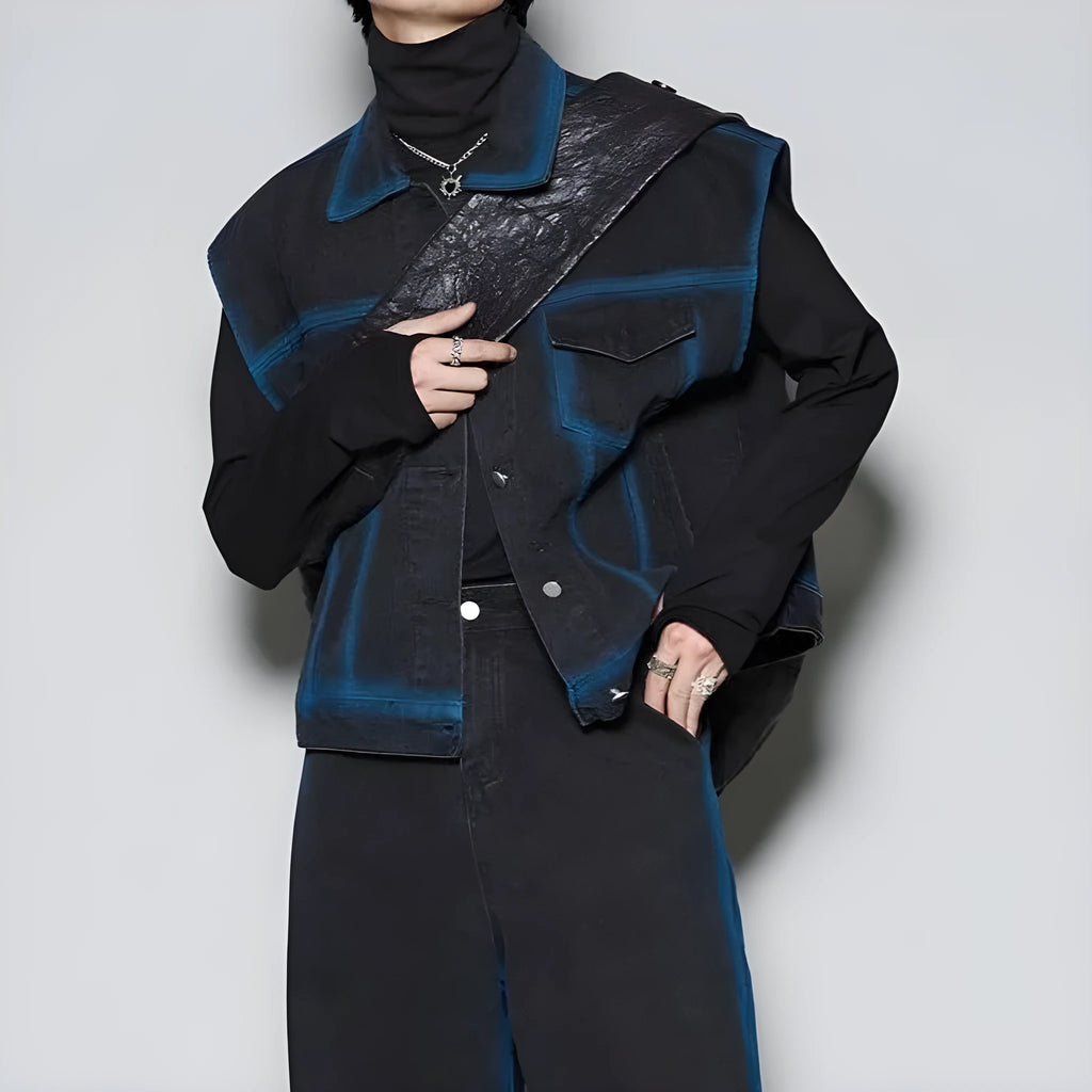 Men's distressed spray colour gradient vest and jeans two-piece suit set with fleece lining