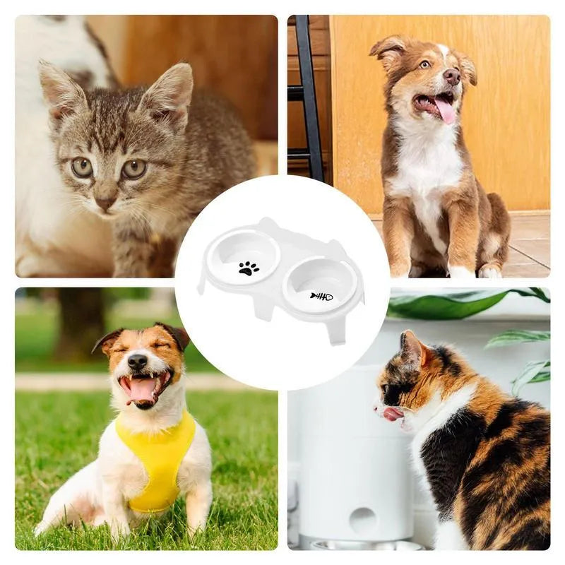 Blue ceramic cat food and water bowls on a white elevated plastic stand with hook design.