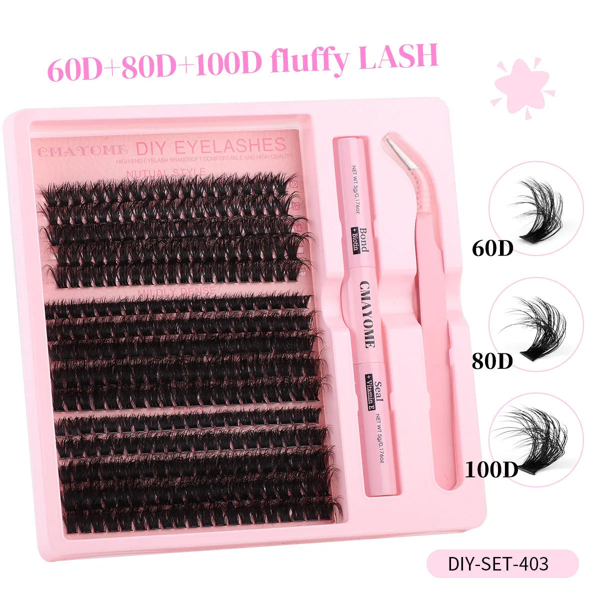 DIY false eyelash extension kit showing single cluster segments and professional tweezers for custom application