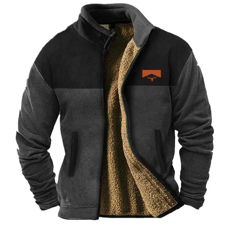 Men's green polyester fleece padded coat showing regular fit and front zipper.