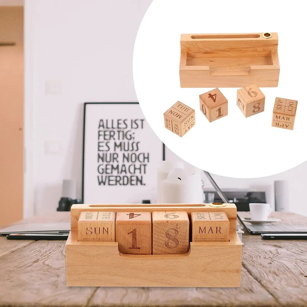 Solid wood perpetual desk calendar in simple modern style showing two size options