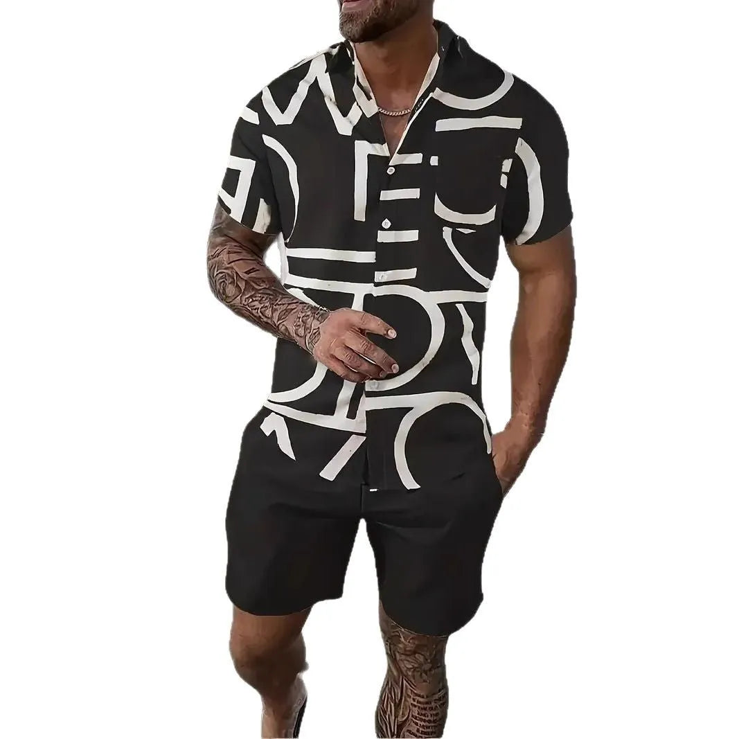 Man wearing a blue Hawaii pattern short sleeve top and matching shorts from a 3D printed suit set