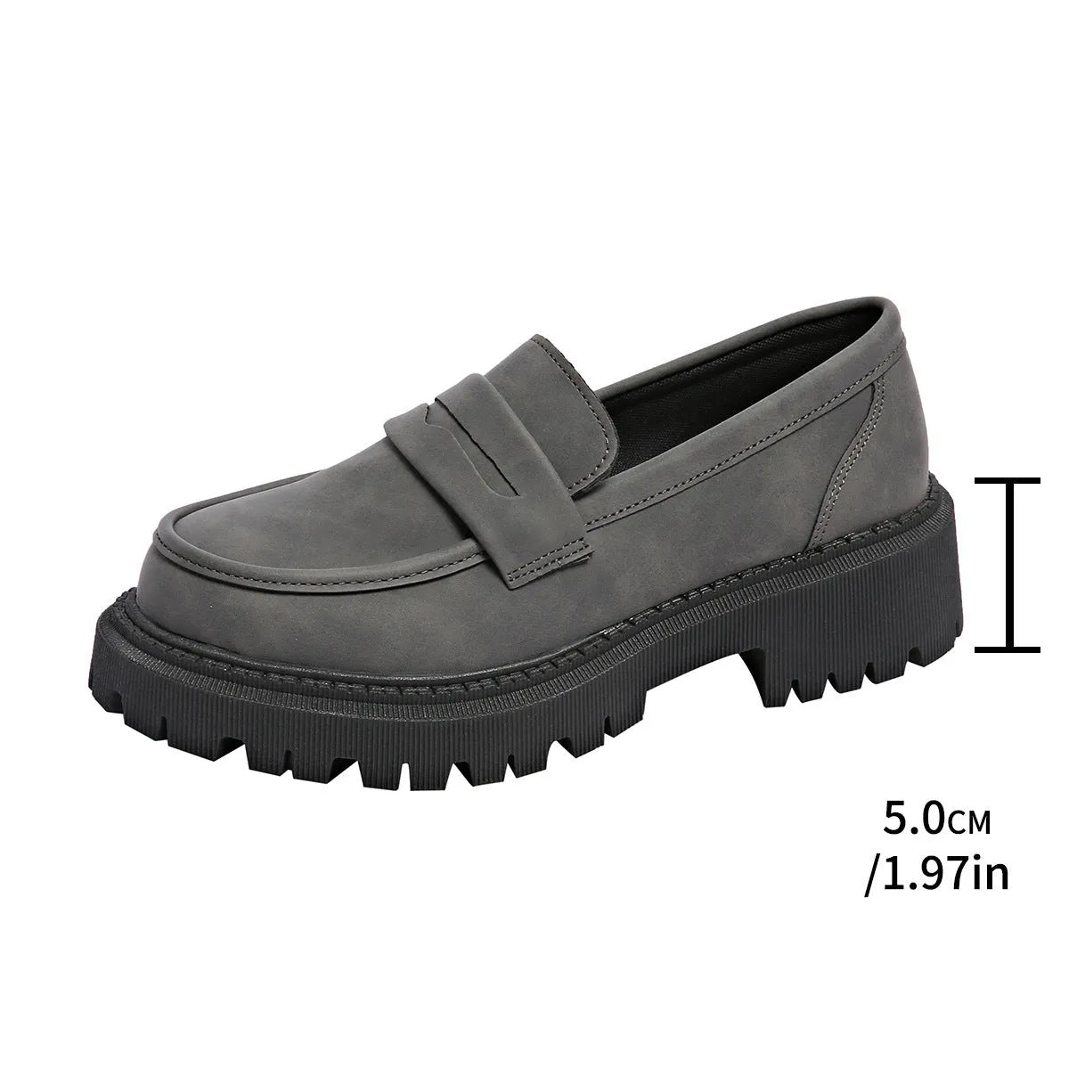 Gray British style slip-on low cut loafers with low heel and rubber sole