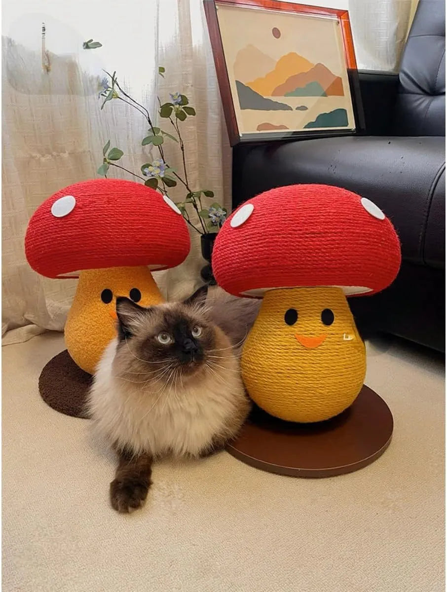Foldable accordion cat scratcher with round mushroom lounge measuring 35x30x30cm