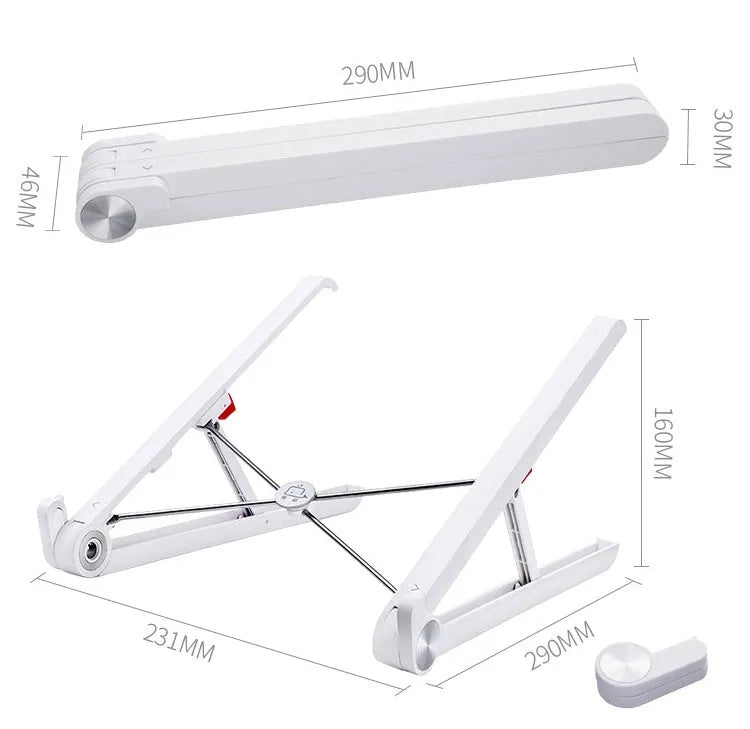 White Whale Race laptop bracket with desktop elevation and integrated heat sink base on desk