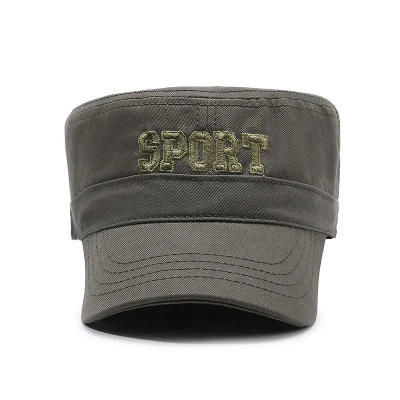 Men's flat-top dome peaked cap in cotton fabric on an adjustable strap, shown in khaki colour.