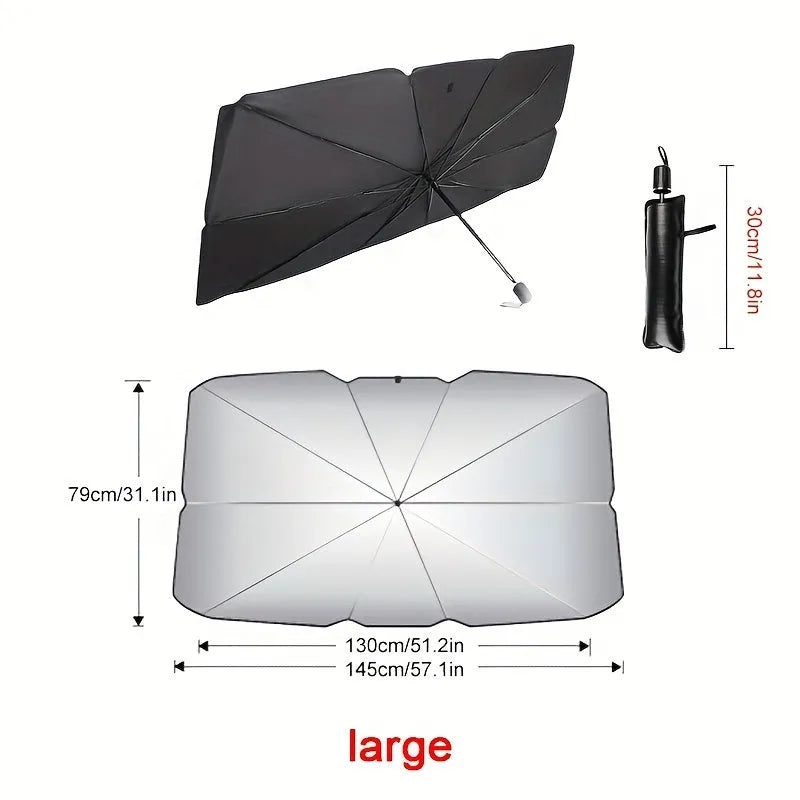 Foldable car windshield sunshade umbrella showing automatic folding mechanism and UV protection
