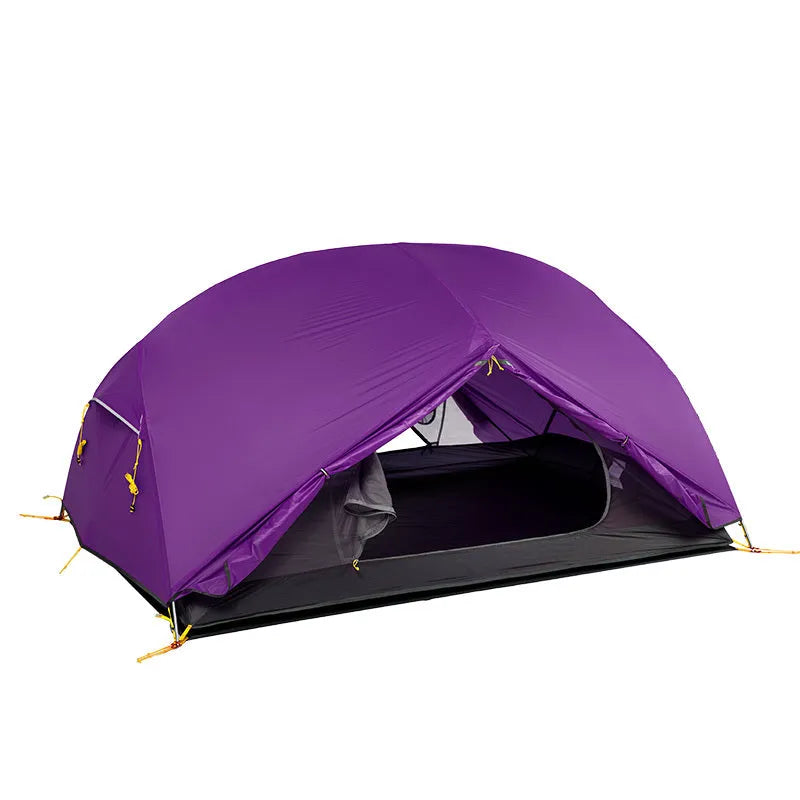 Ultralight 20D silicone nylon double layer camping tent for two people with aluminium poles in grey outdoor setting