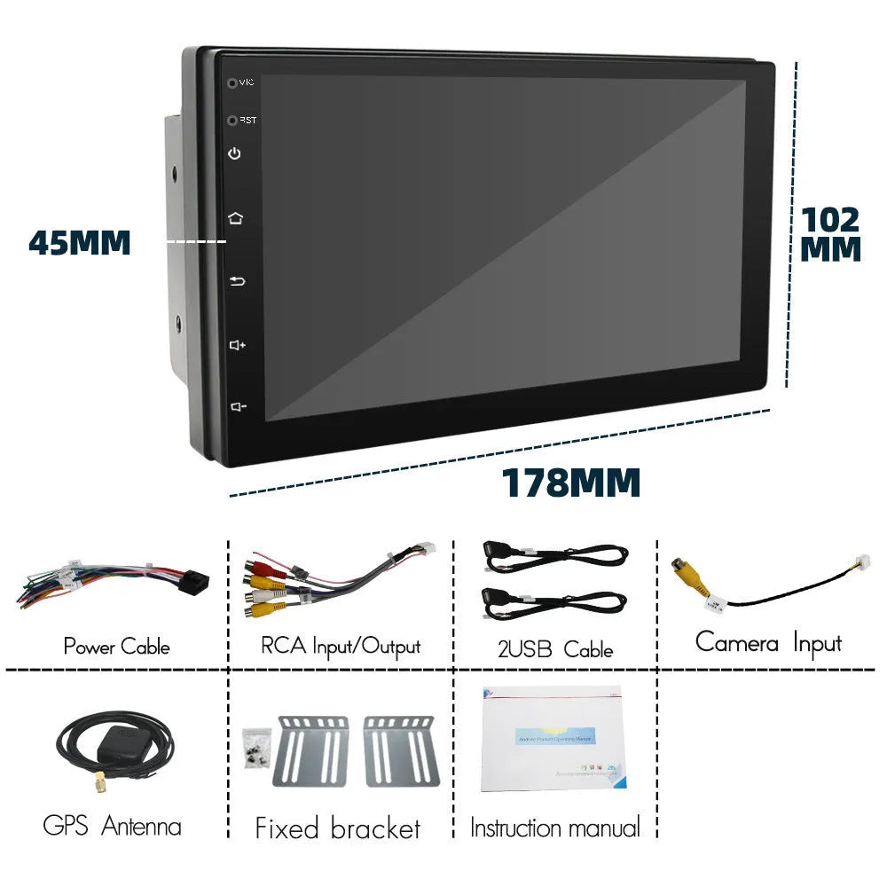 Black universal car MP5 player with 7-inch touchscreen for CarPlay and GPS navigation.