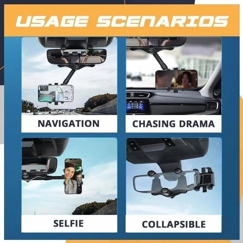 Black rearview mirror car phone holder with telescopic arm and four-claw phone grip in 360-degree rotation.