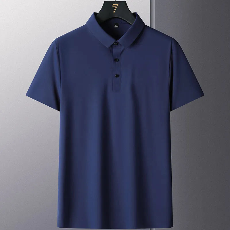 Men's solid colour non-ironing short sleeve business casual shirt on a hanger.