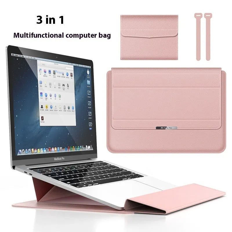 Three-in-one laptop bracket bag with wrist splint and storage liner for MacBook Pro Air, imitation leather and plush, black