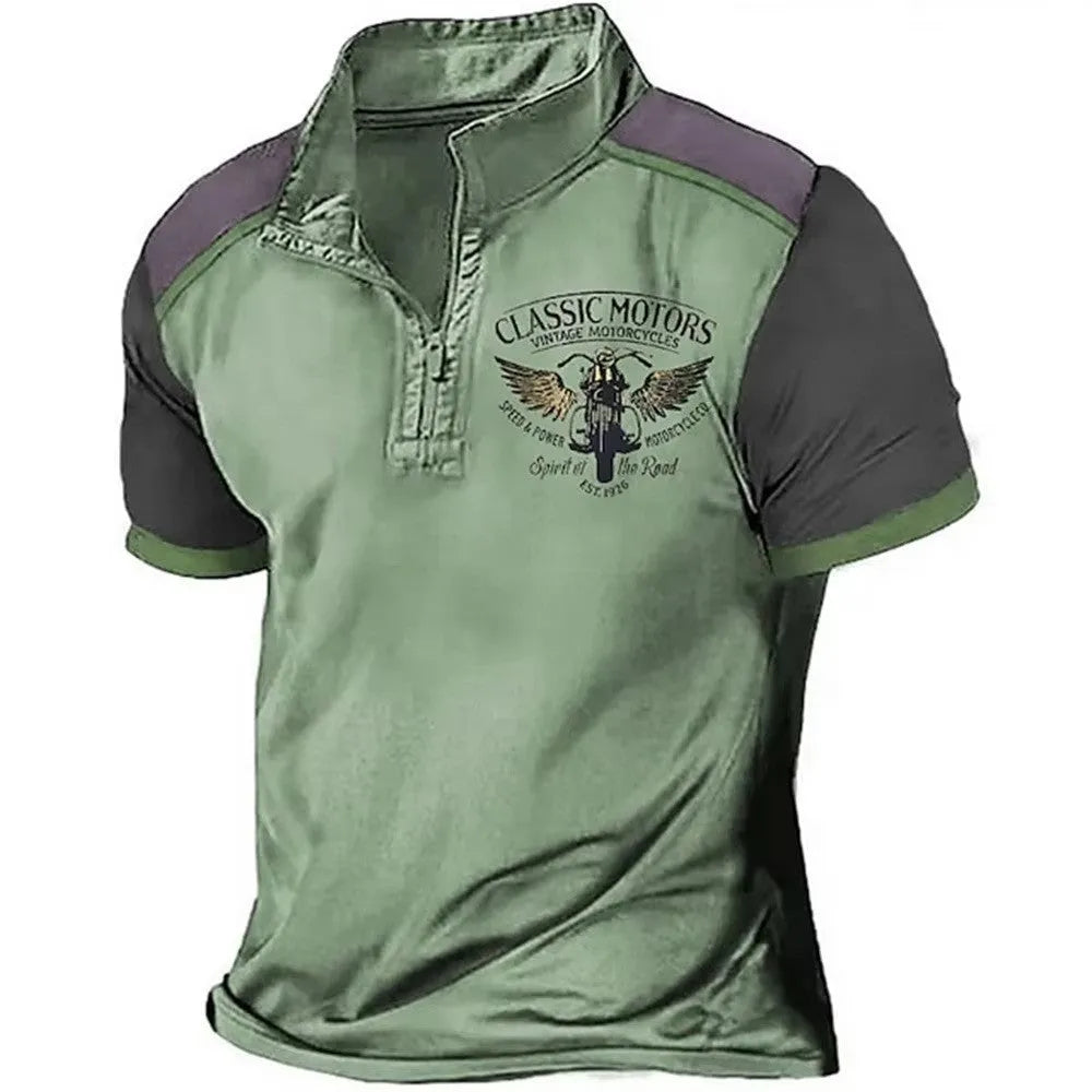 Loose fit green 3D printed golf polo shirt on a hanger, showing pullover style.