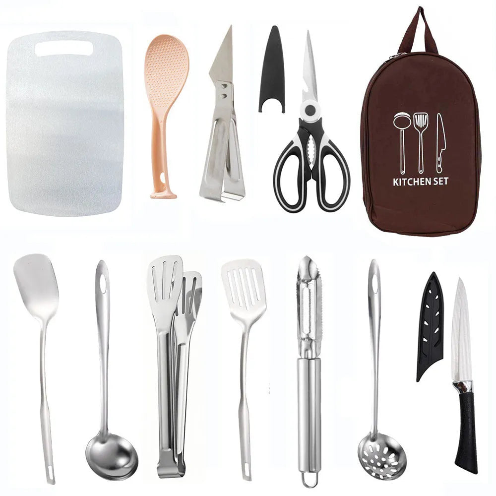 12-piece stainless steel picnic kitchenware set with khaki storage bag open to show utensils