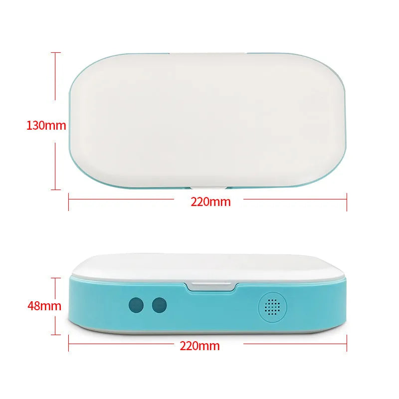 Blue UV steriliser box for mobile phones and small objects, with dual UV lamps and aromatherapy function