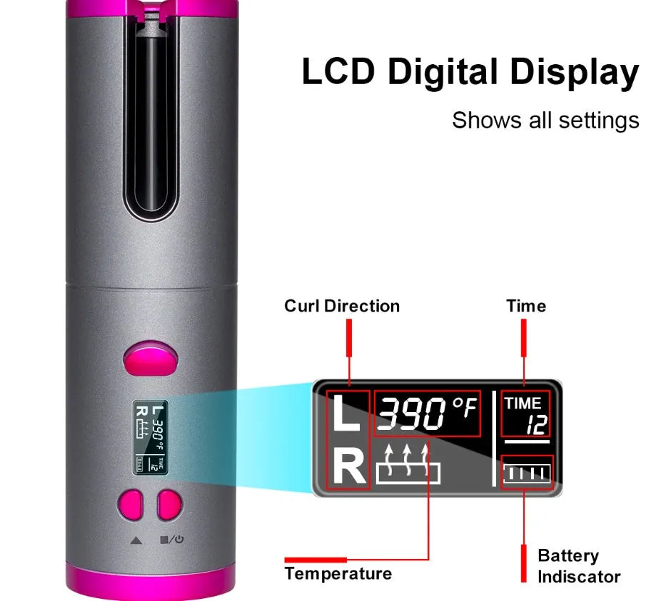 Golden cordless USB rechargeable curling iron with digital display and black flannel storage bag