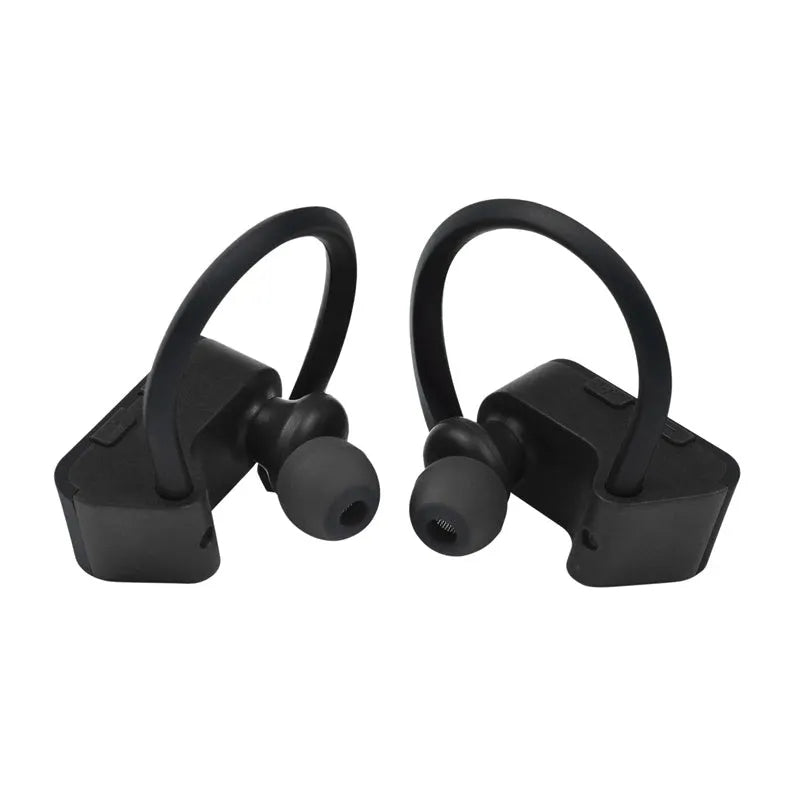 Wireless V5.0 Bluetooth in-ear headphones in black, grey, and red colours showing ergonomic design.