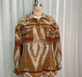 Women's retro style aztec print woolen coat in loose fit, shown in sapphire blue.