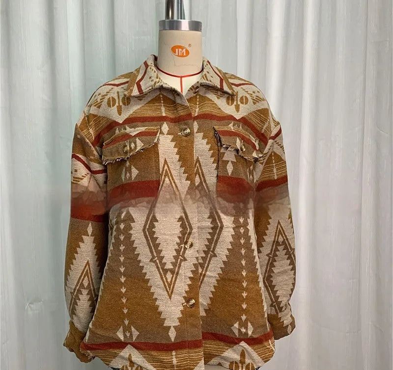 Women's retro style aztec print woolen coat in loose fit, shown in sapphire blue.